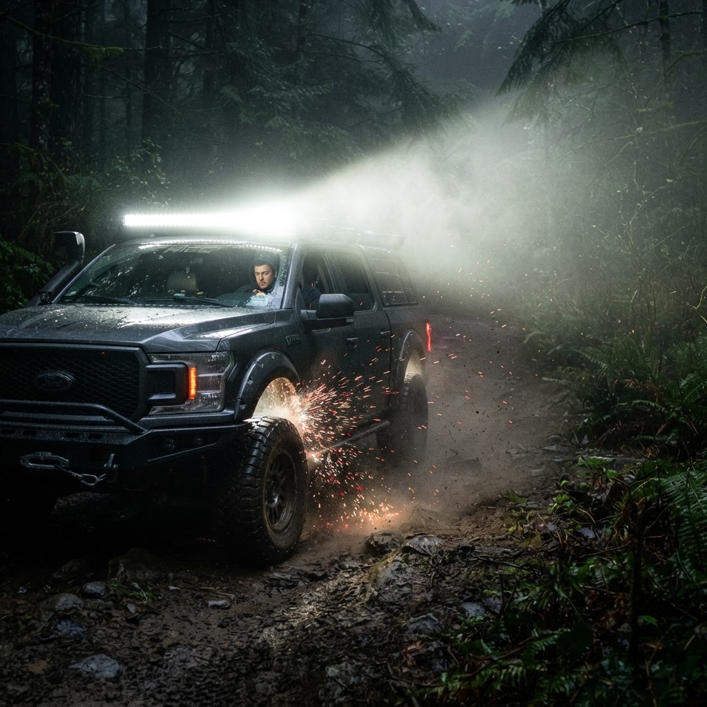 A aggressive blacked-out off-road truck with a massive LED light bar glowing intensely at night in a Texas forest