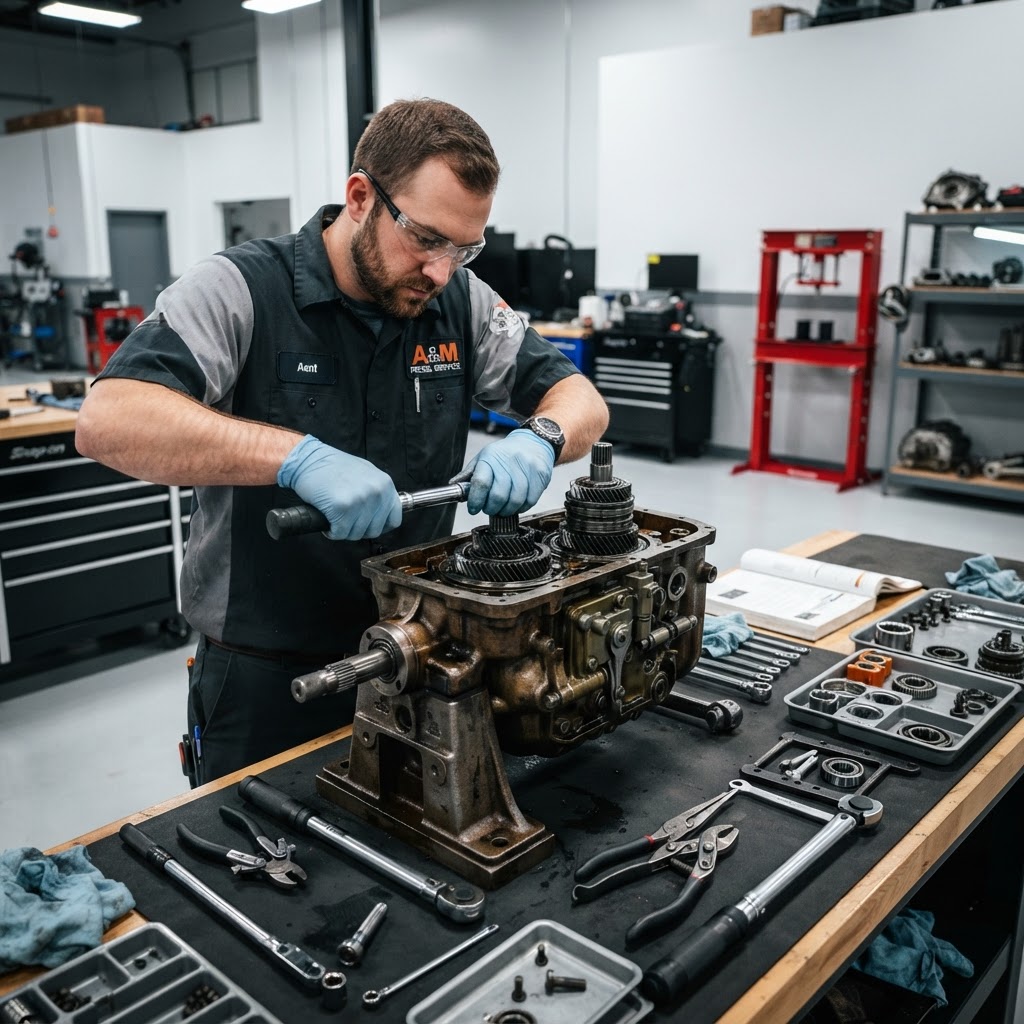 Mechanic working on a transmission