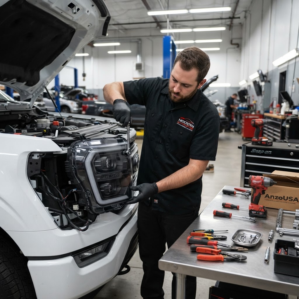 Mechanic installing custom LED lights