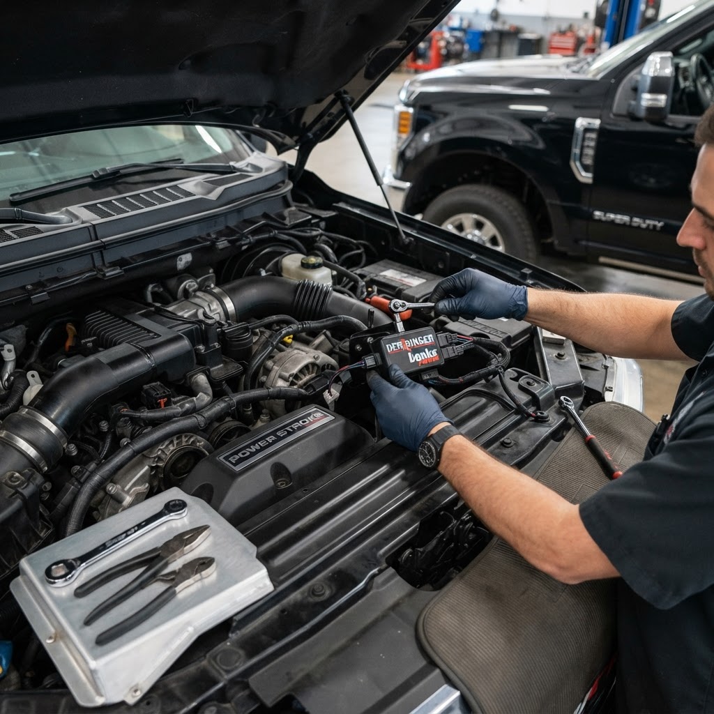 A close-up shot of a Banks Derringer tuner being installed under the hood of a heavy-duty diesel truck