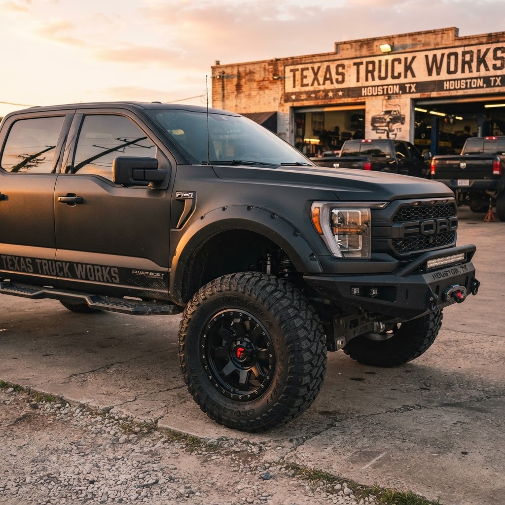 Close-up of a lifted F-150 on 37s
