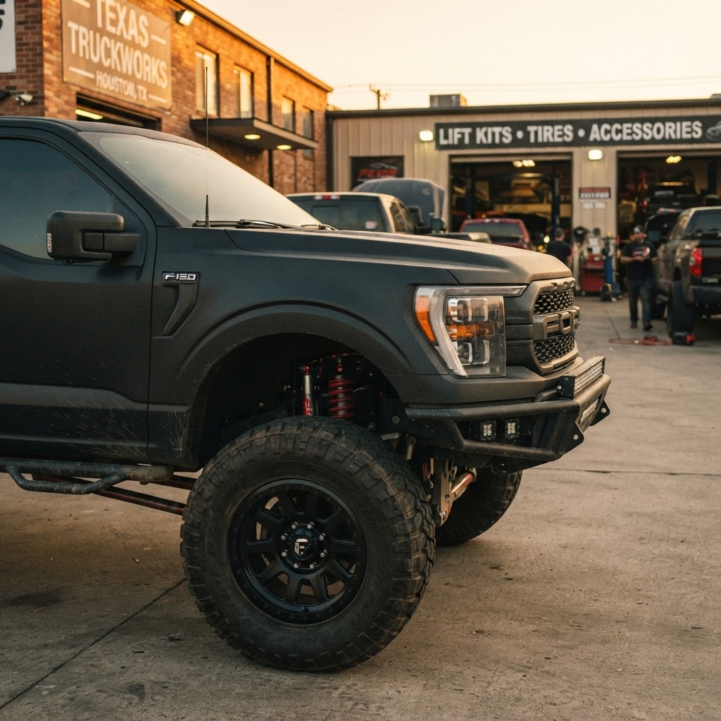 Close-up of a lifted F-150 on 37s