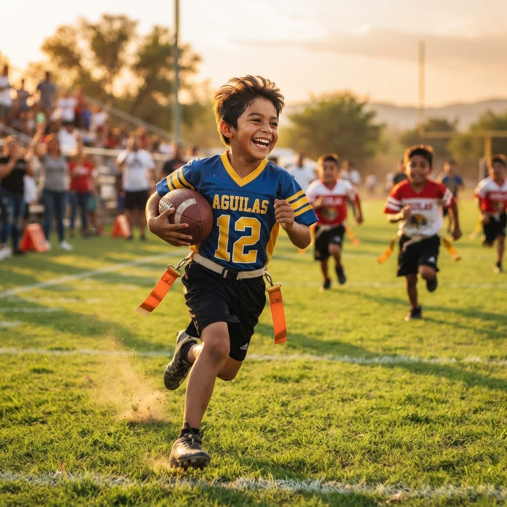 Niño mexicano jugando flag football