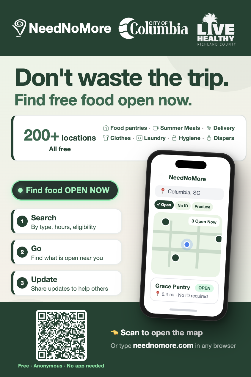 NeedNoMore Columbia, SC flyer — Side 1 — Find free food, open now
