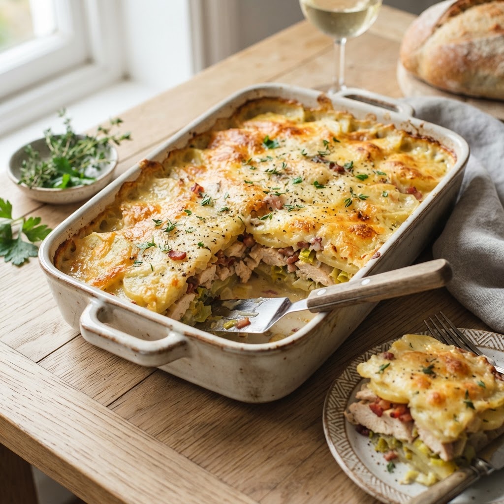 Creamy Chicken, Bacon & Leek Potato Bake