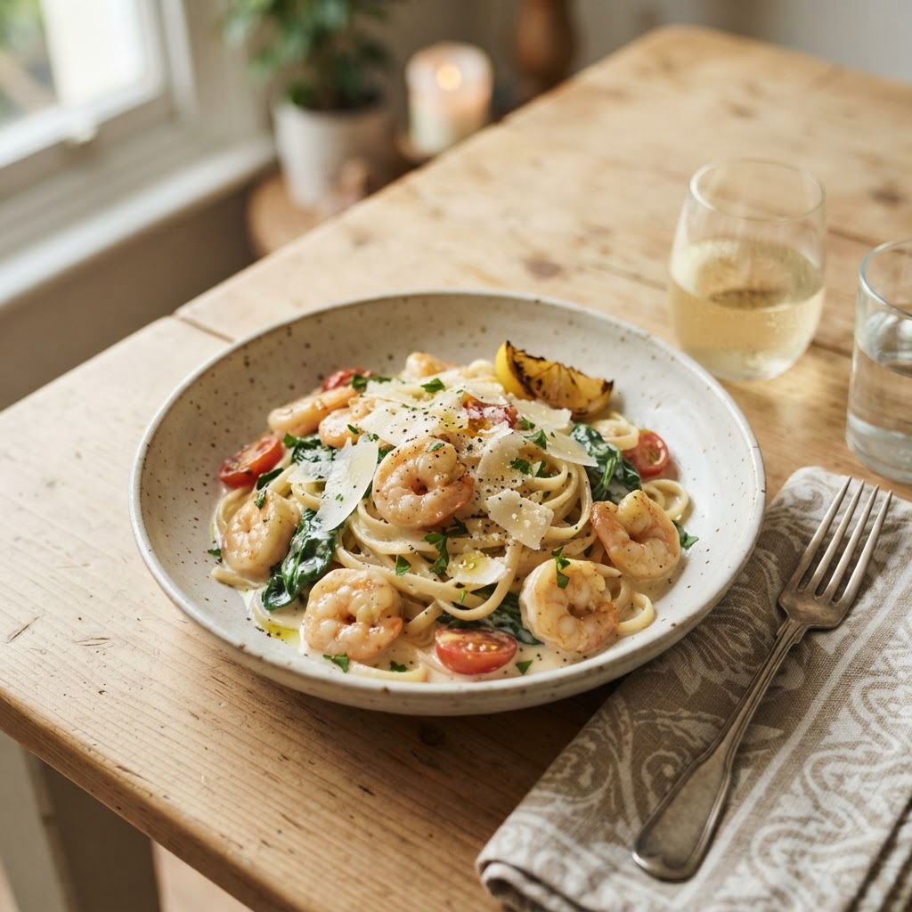 Creamy Garlic Prawn Linguine