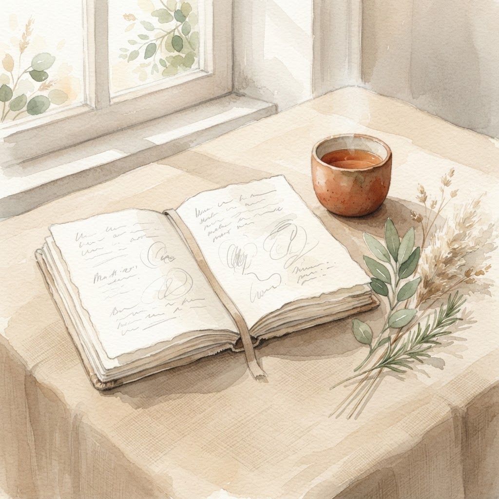 Un carnet ouvert sur une table claire, entouré de plantes