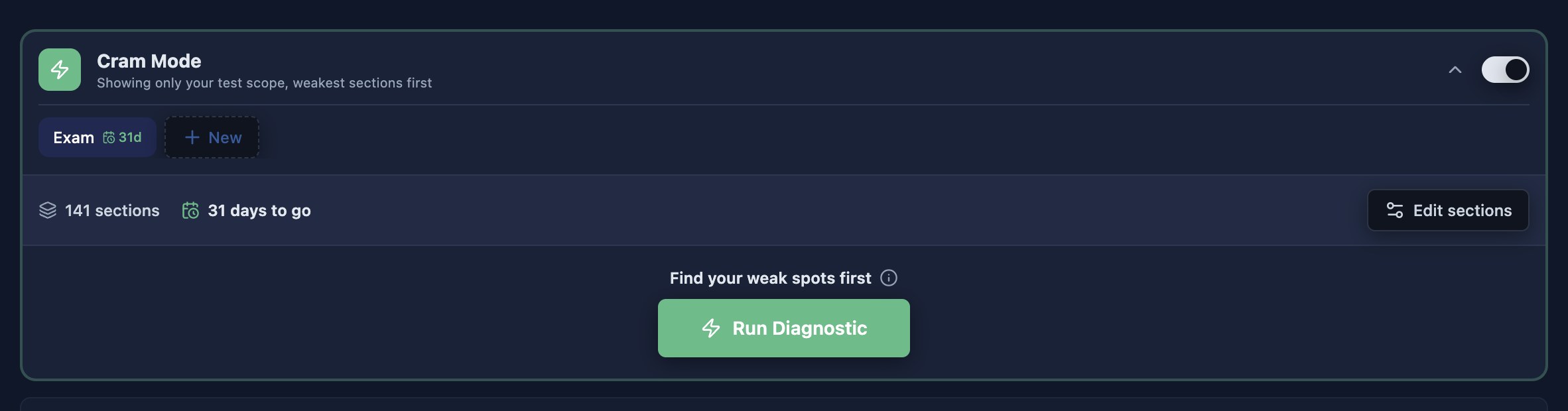 Cram Mode in Onyx: test scope, days to go and Run Diagnostic