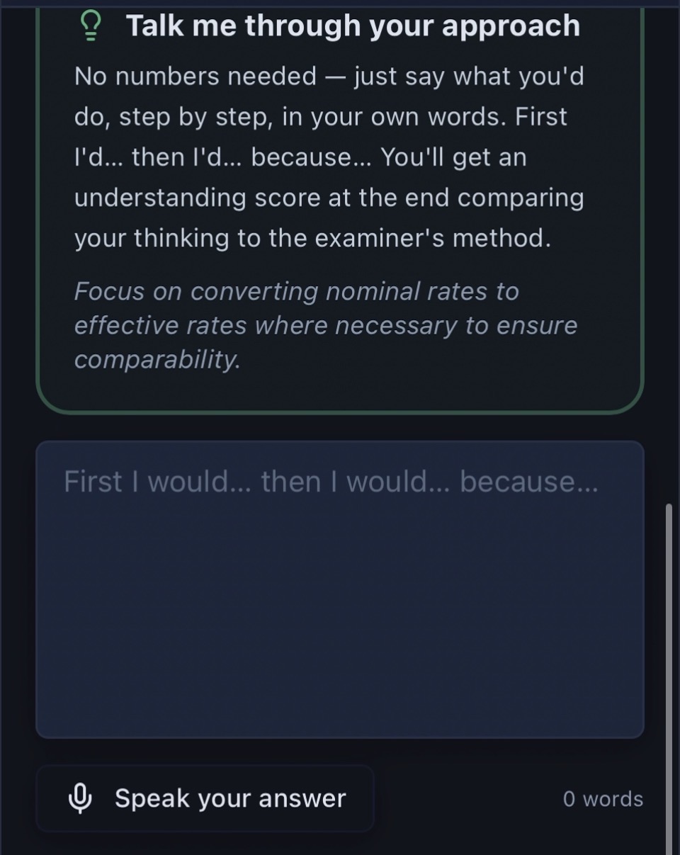 Talk through your approach, then get an understanding score.