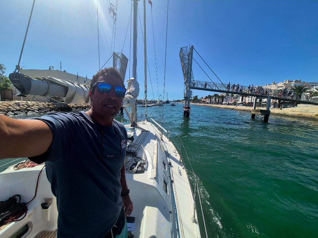 Entering the marina under the footbridge, Lagos, Portugal
