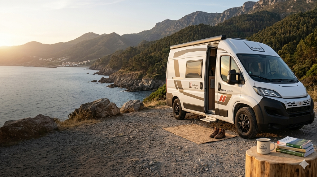 Paisaje otoñal de montaña con camper