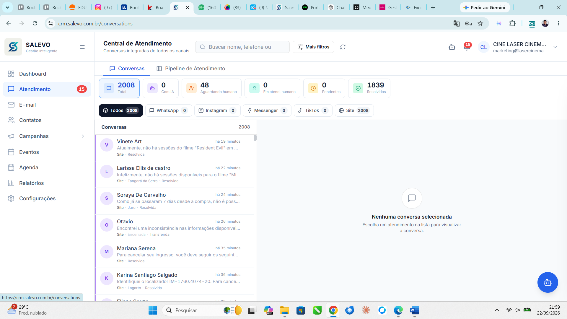 Print do sistema — Central de Atendimento