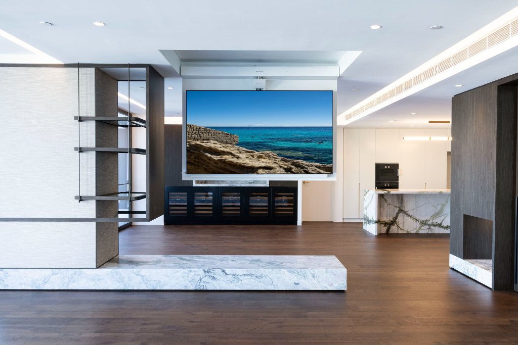 TV lift deployed in living area