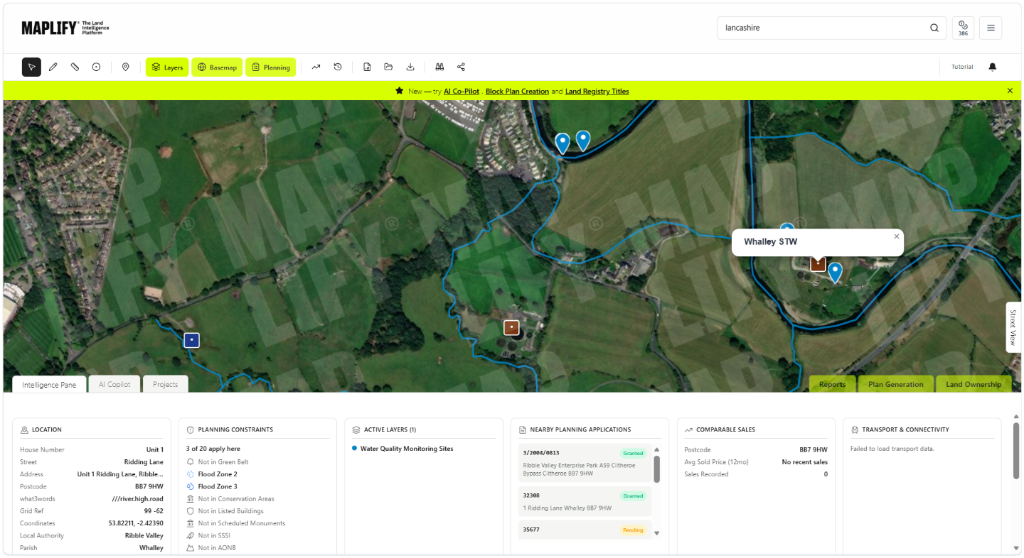 Maplify map screenshot showing Water Quality Monitoring Sites and a sewage treatment works near Whalley, Lancashire, alongside nearby planning applications and site intelligence data