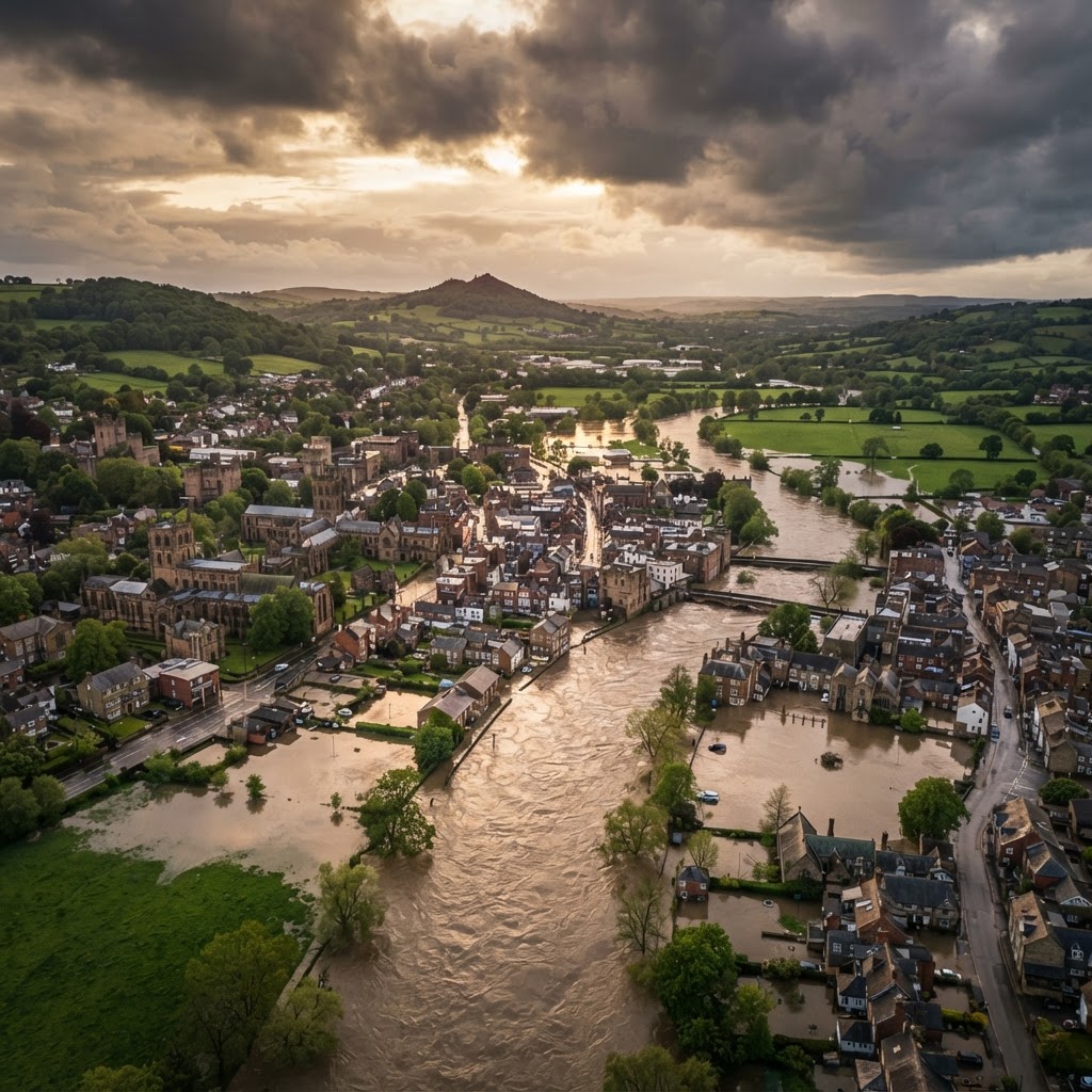 Aerial view of a UK river valley affected by flooding