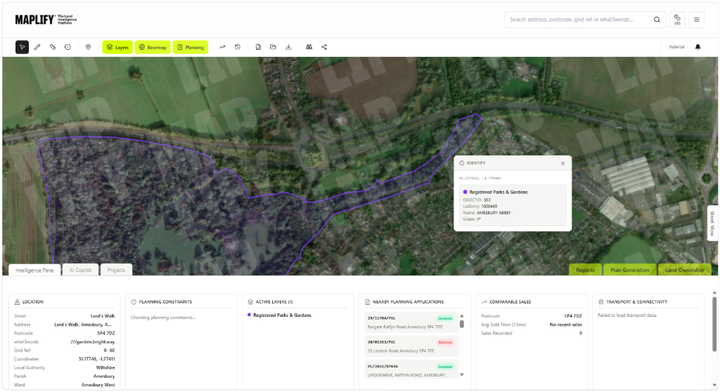 Registered Parks and Gardens layer shown on the Maplify map with nearby planning applications Maplify map screenshot showing the Registered Parks and Gardens layer identifying Amesbury Abbey near Amesbury, Wiltshire, alongside nearby planning applications