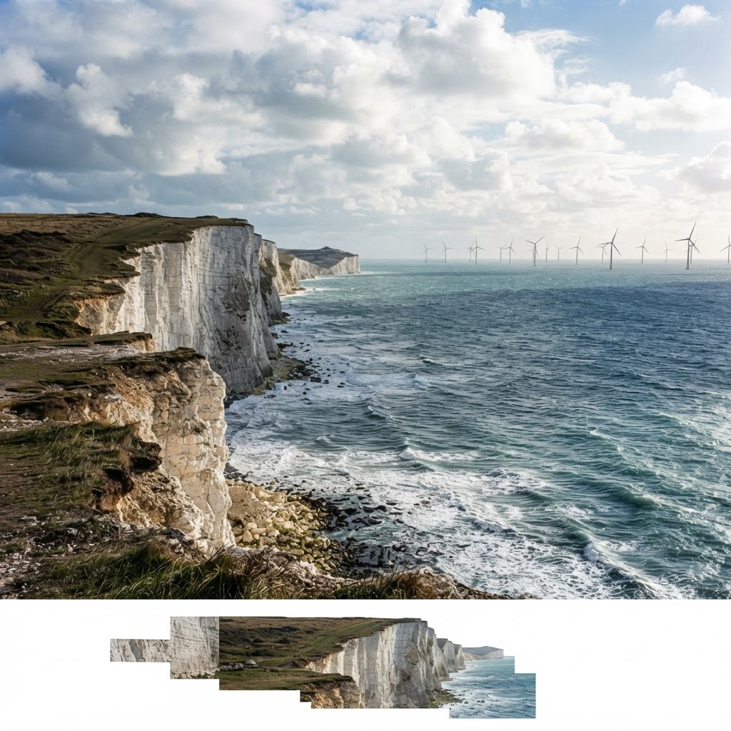 Dramatic UK coastline with cliffs and offshore wind turbines
