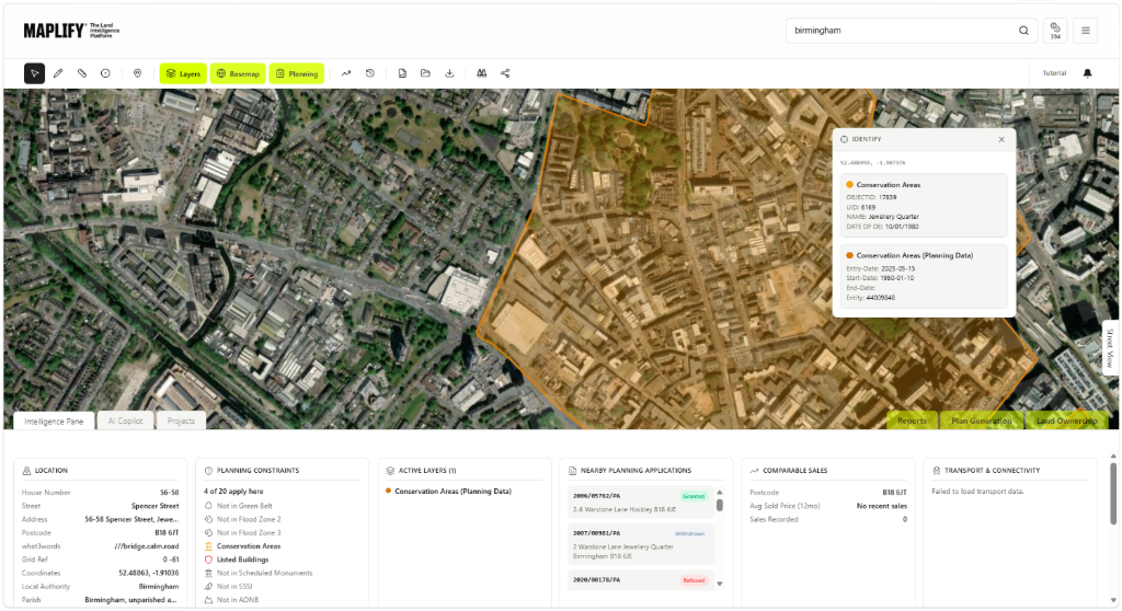 Maplify Identify panel showing conservation area and site due-diligence data