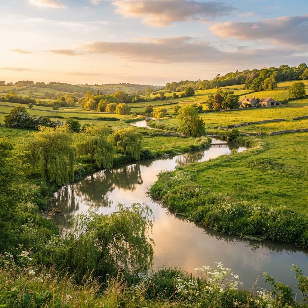 English river winding through green countryside