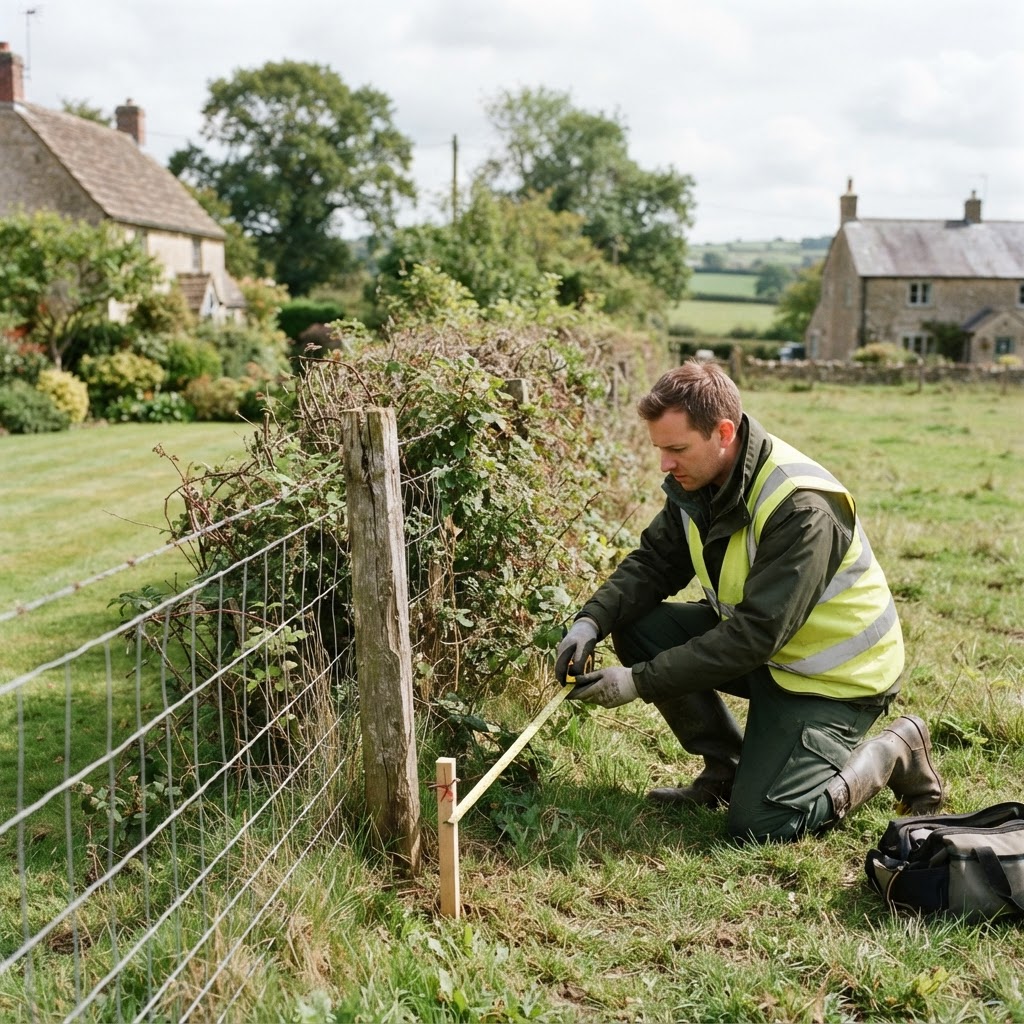 Surveyor comparing a physical land boundary against a title plan map on a tablet