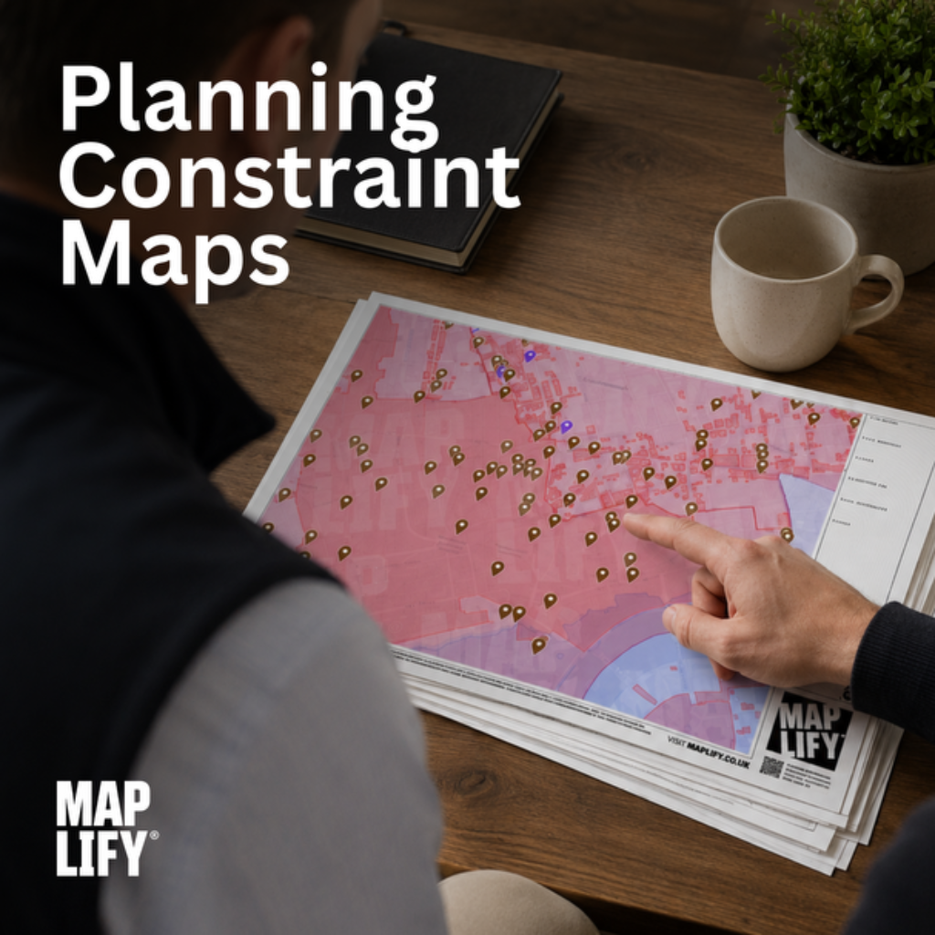 Printed planning constraints map plans from Maplify with location markers on a desk