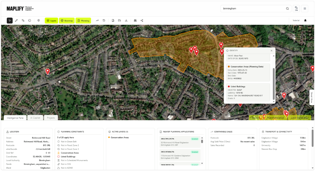 Listed Buildings layer shown on the Maplify map with conservation areas and site intelligence Maplify map screenshot showing the Listed Buildings layer over a Birmingham conservation area, alongside conservation area boundaries and site intelligence data