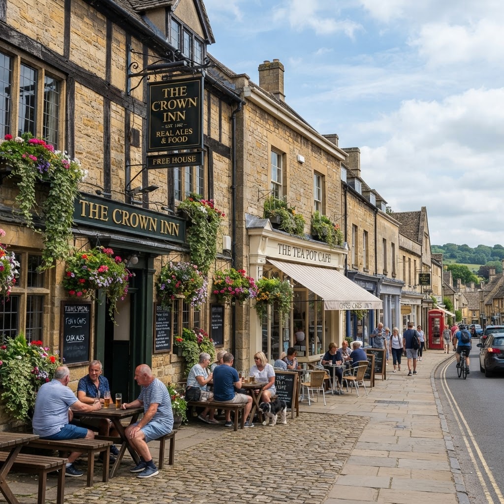 Cosy English pub exterior with hanging flower baskets and a nearby cafe