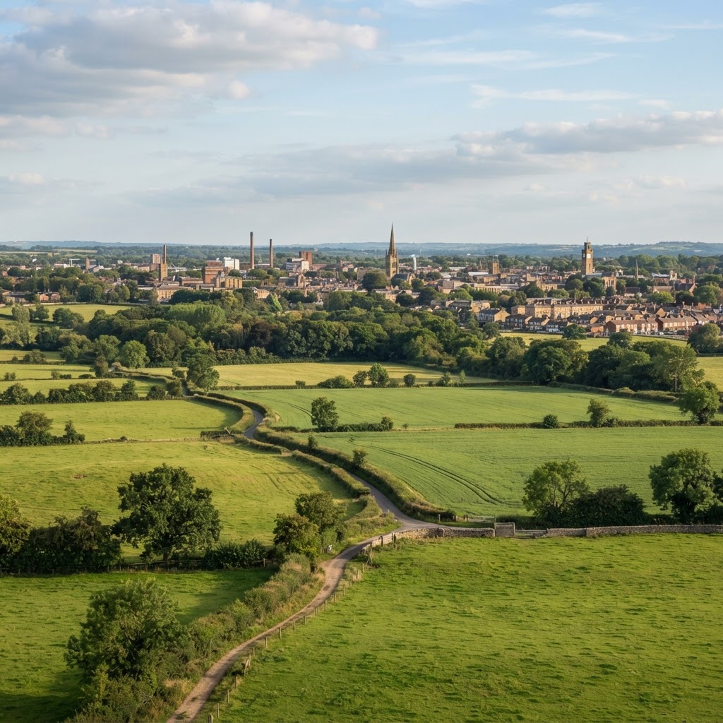 Green belt countryside on the edge of an English town