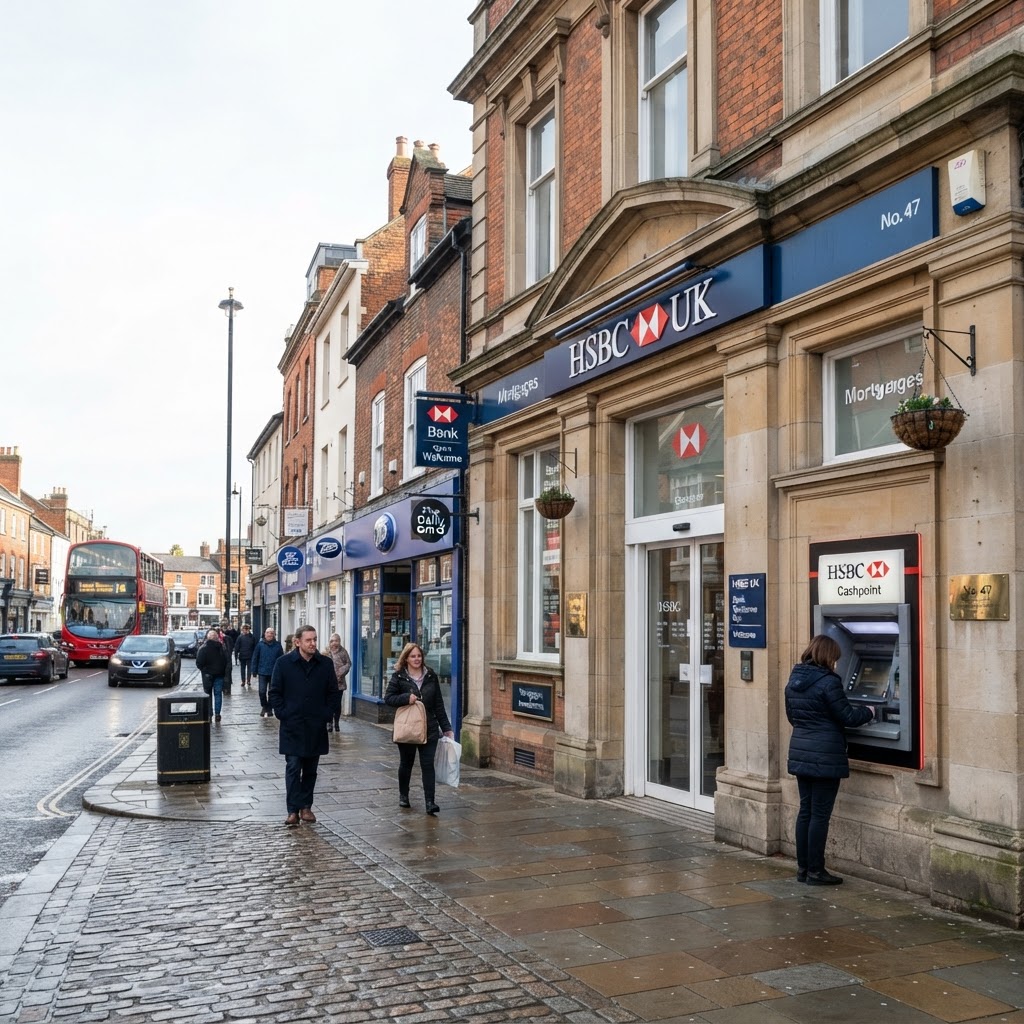 UK high street bank branch exterior with ATM machine
