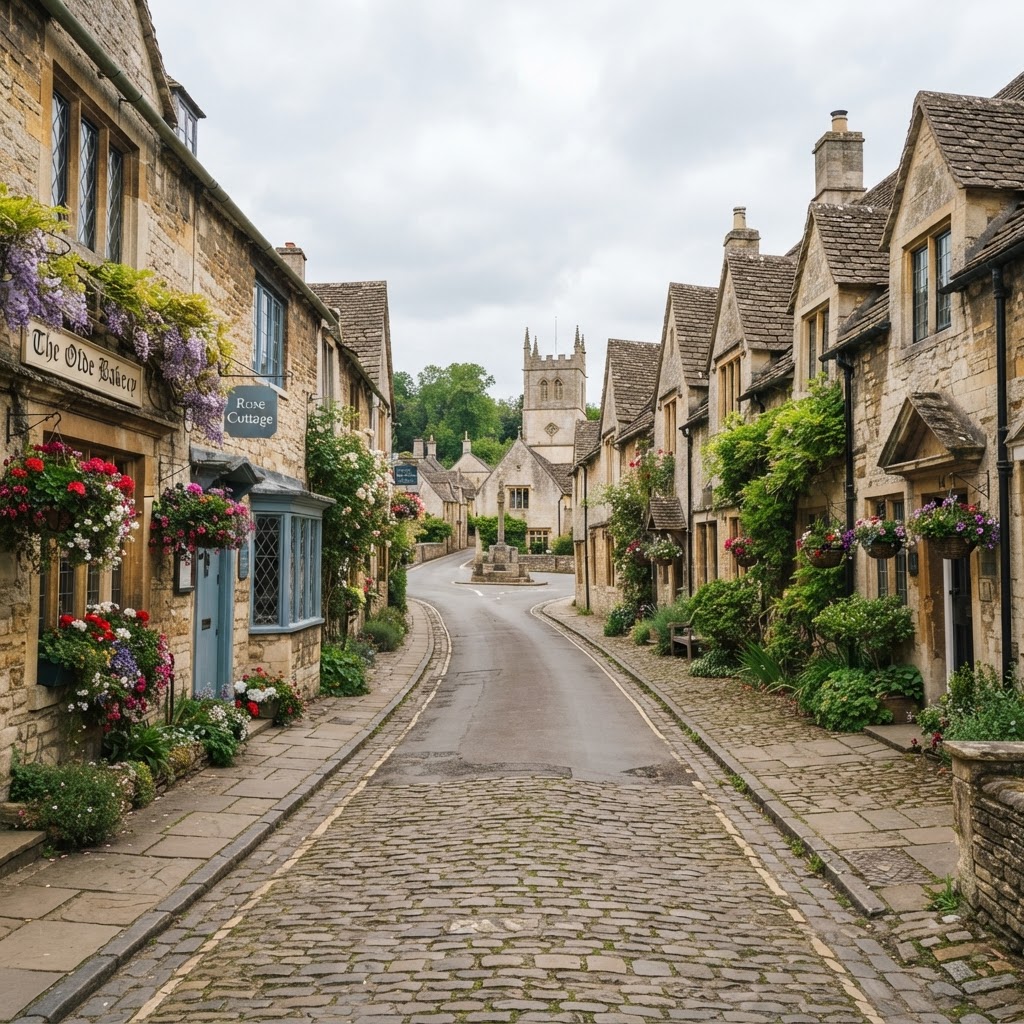 Picturesque conservation area with a cobbled street and period cottages