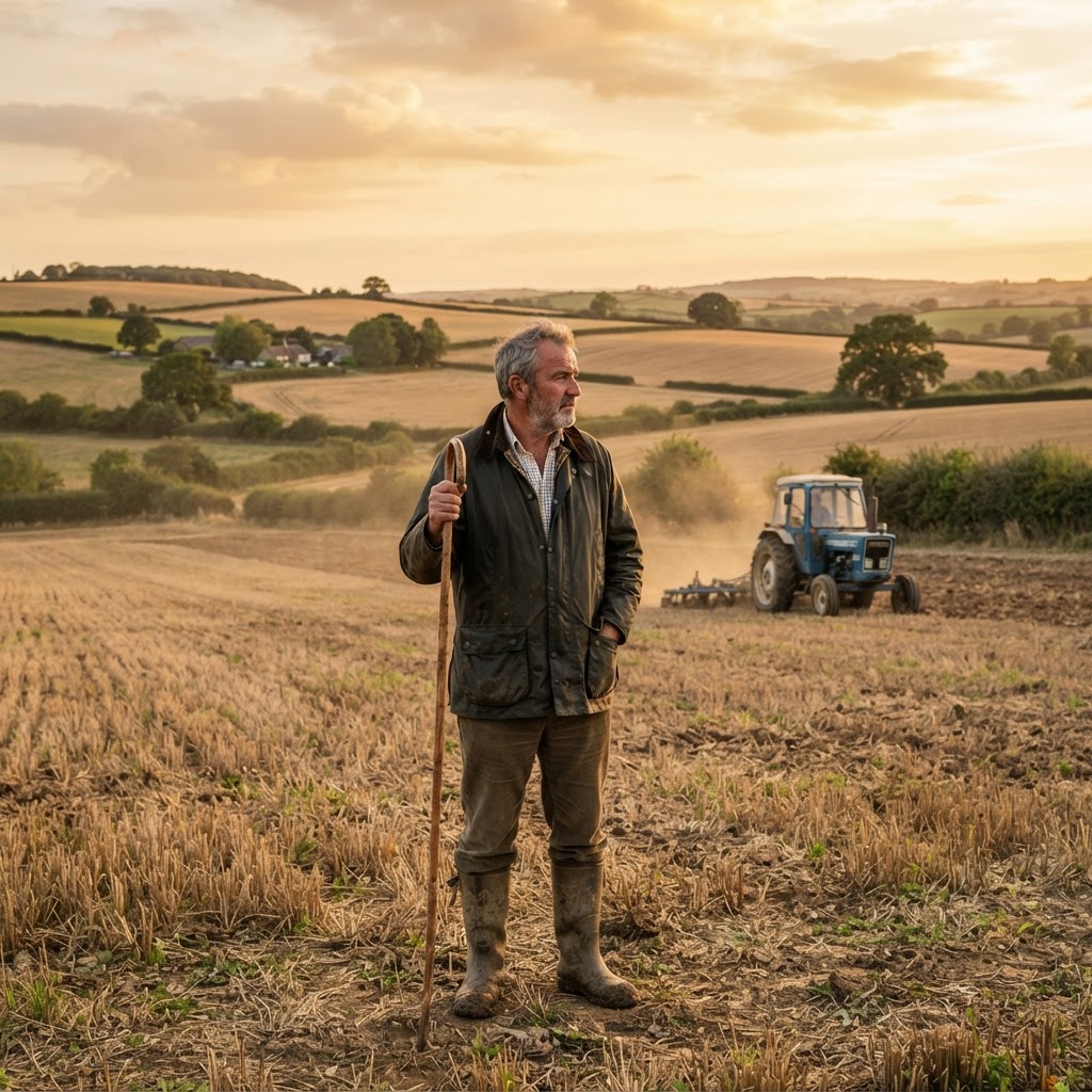 Farmer standing in a large agricultural field with a tractor in the background