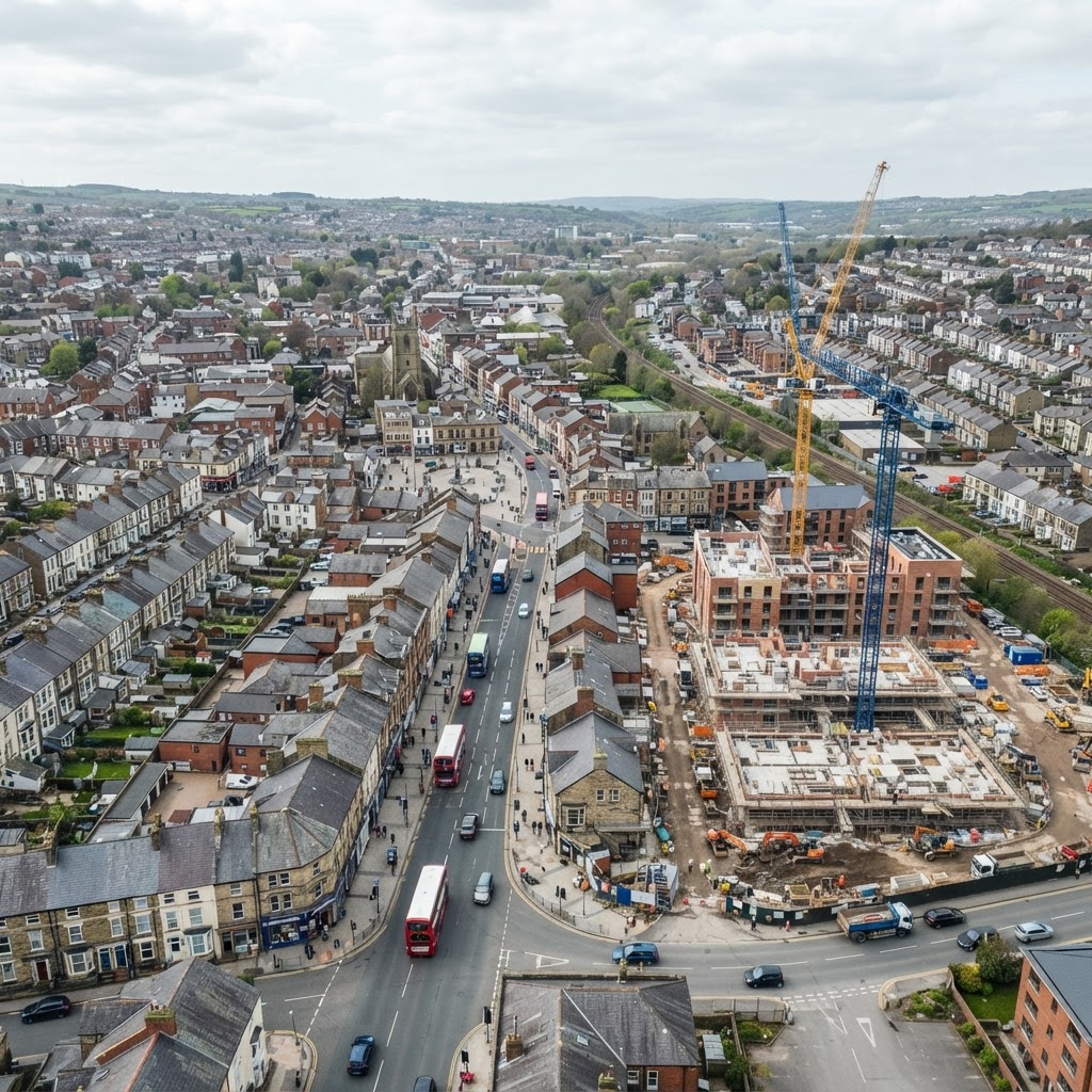 Aerial view of a UK town centre with new development and construction