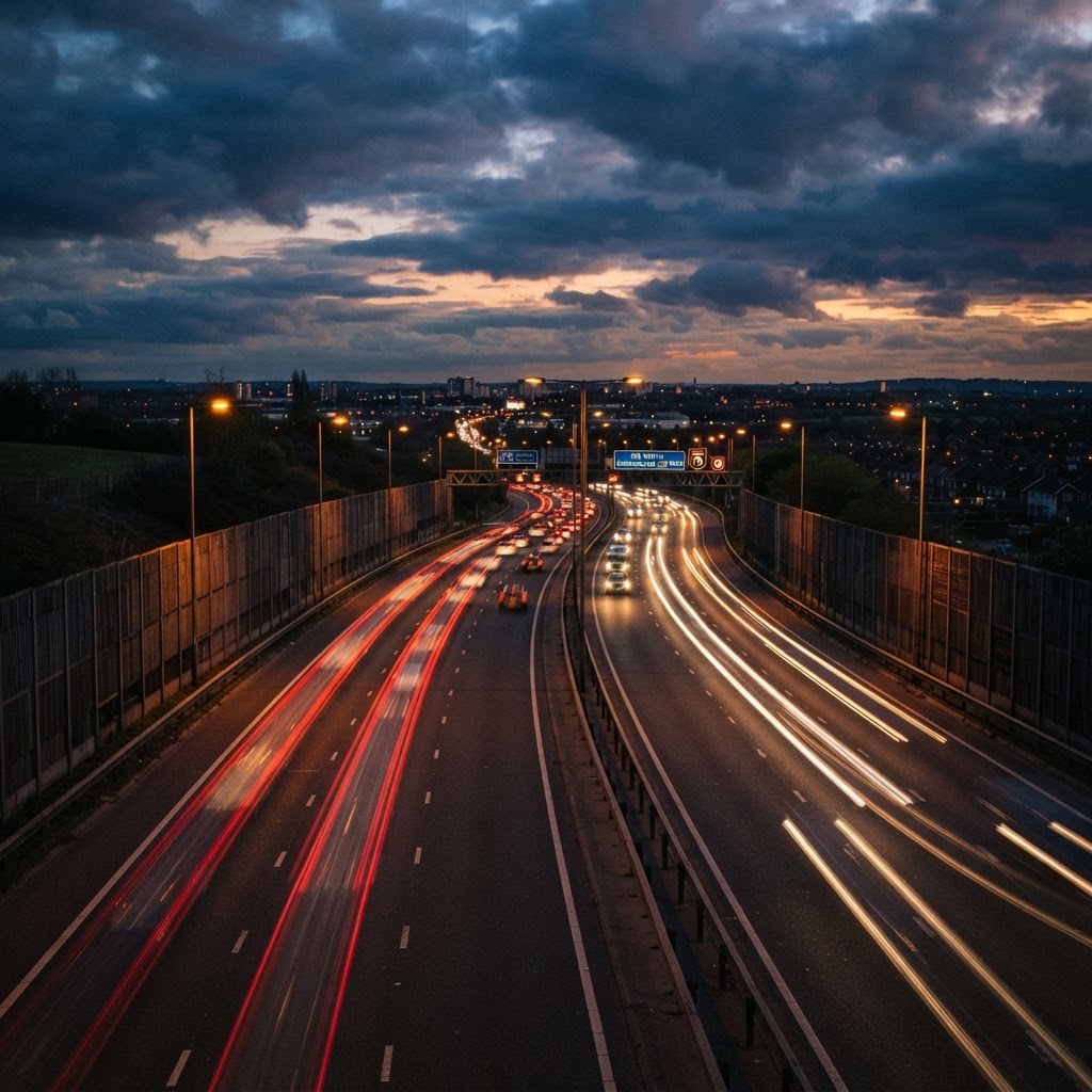 Busy UK motorway at dusk with light trails from traffic