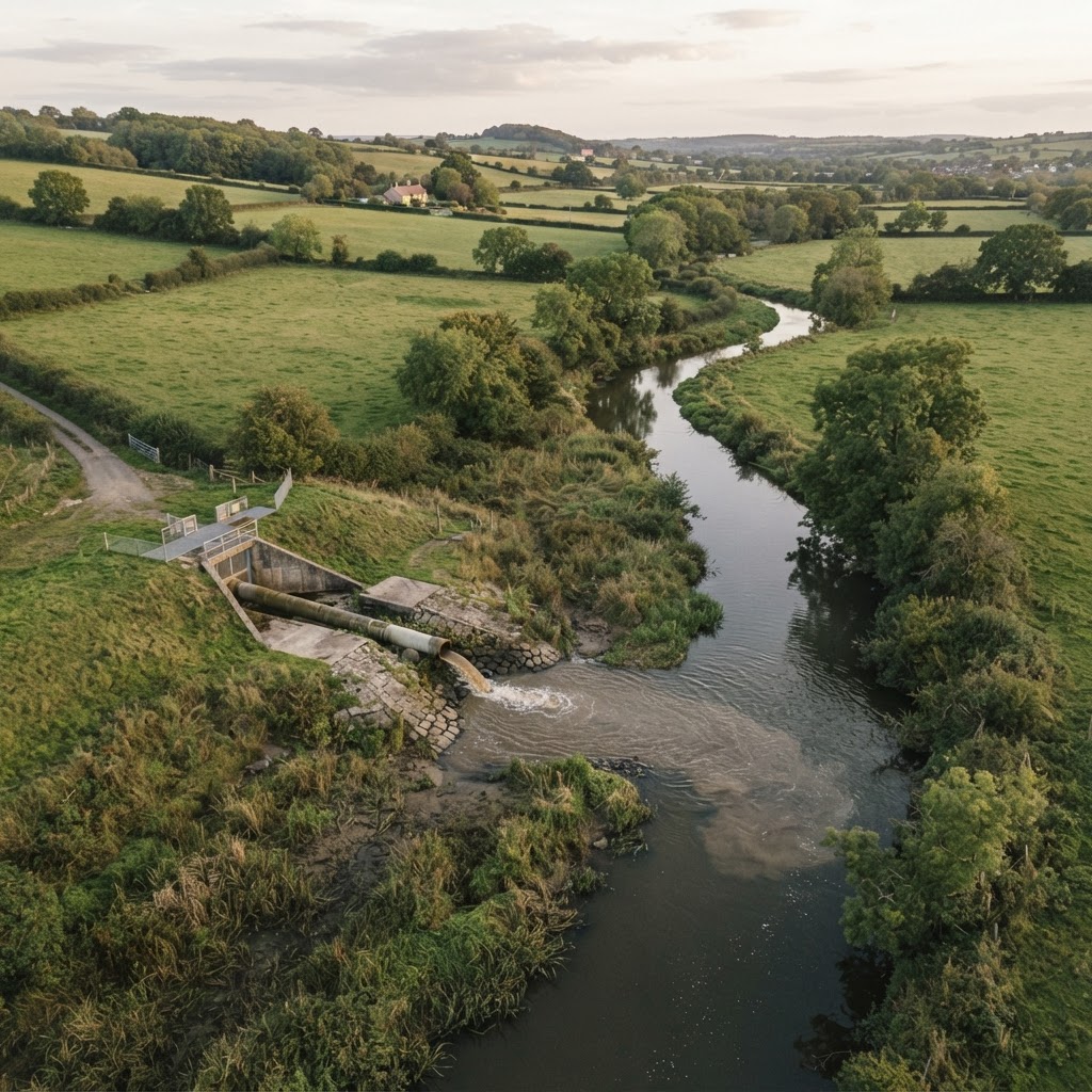 Storm overflow discharge point beside a rural English river