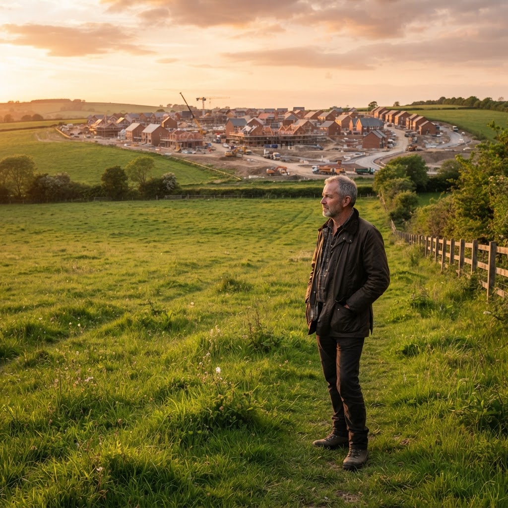 Landowner standing in a green field with new housing construction visible in the distance