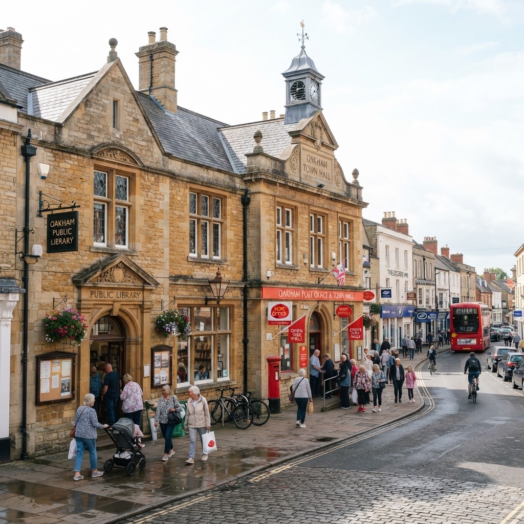Traditional UK public library and post office building on a high street