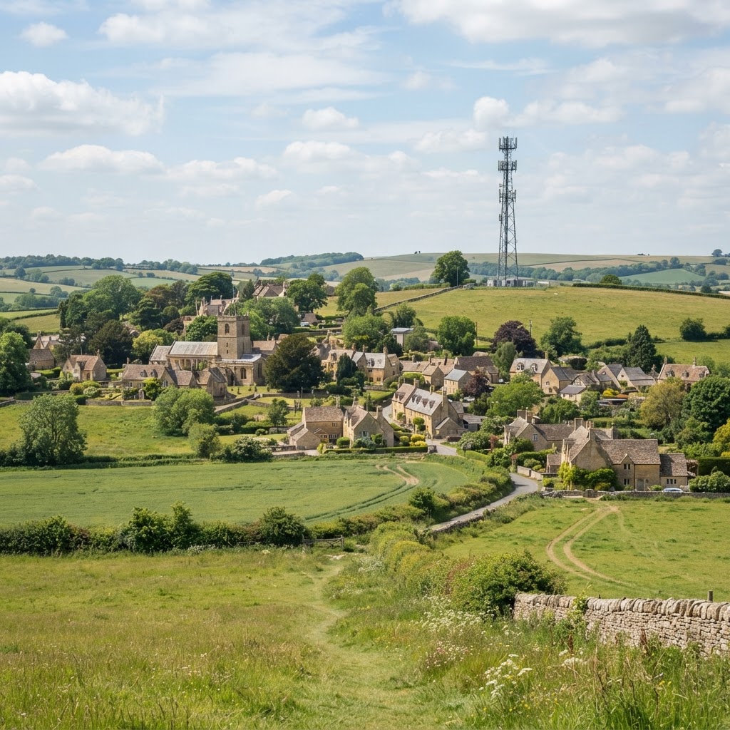 Rural English village with a telecoms mobile mast above countryside fields