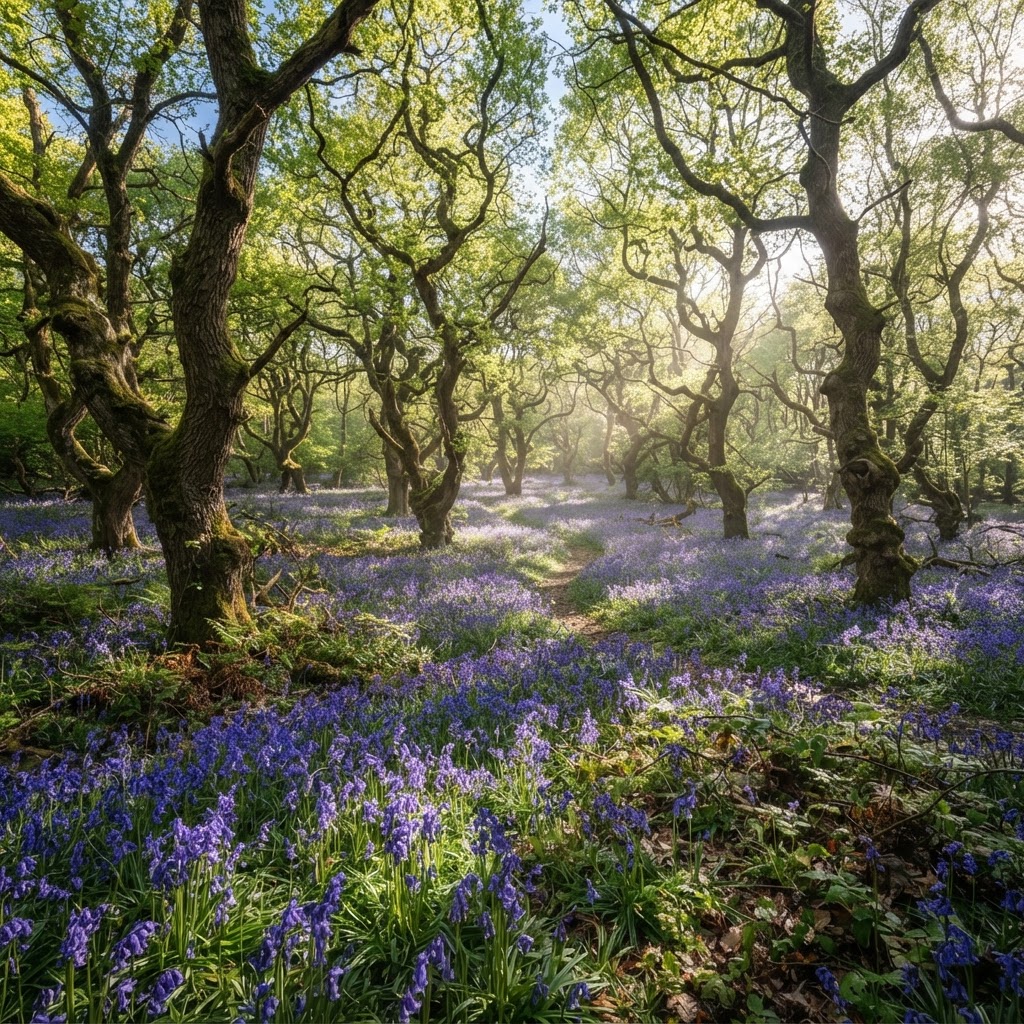 Ancient bluebell woodland in England in spring