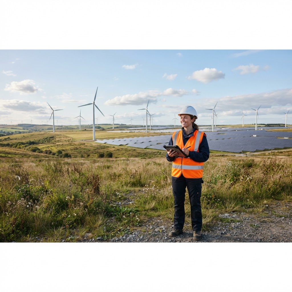 Renewable energy developer standing in a field with wind turbines and solar panels in the distance