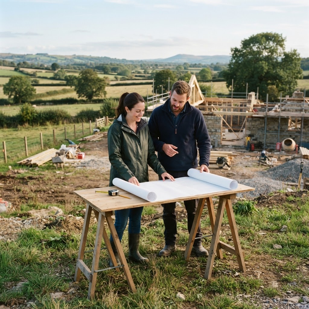 Self-builder couple reviewing house plans on a rural building plot