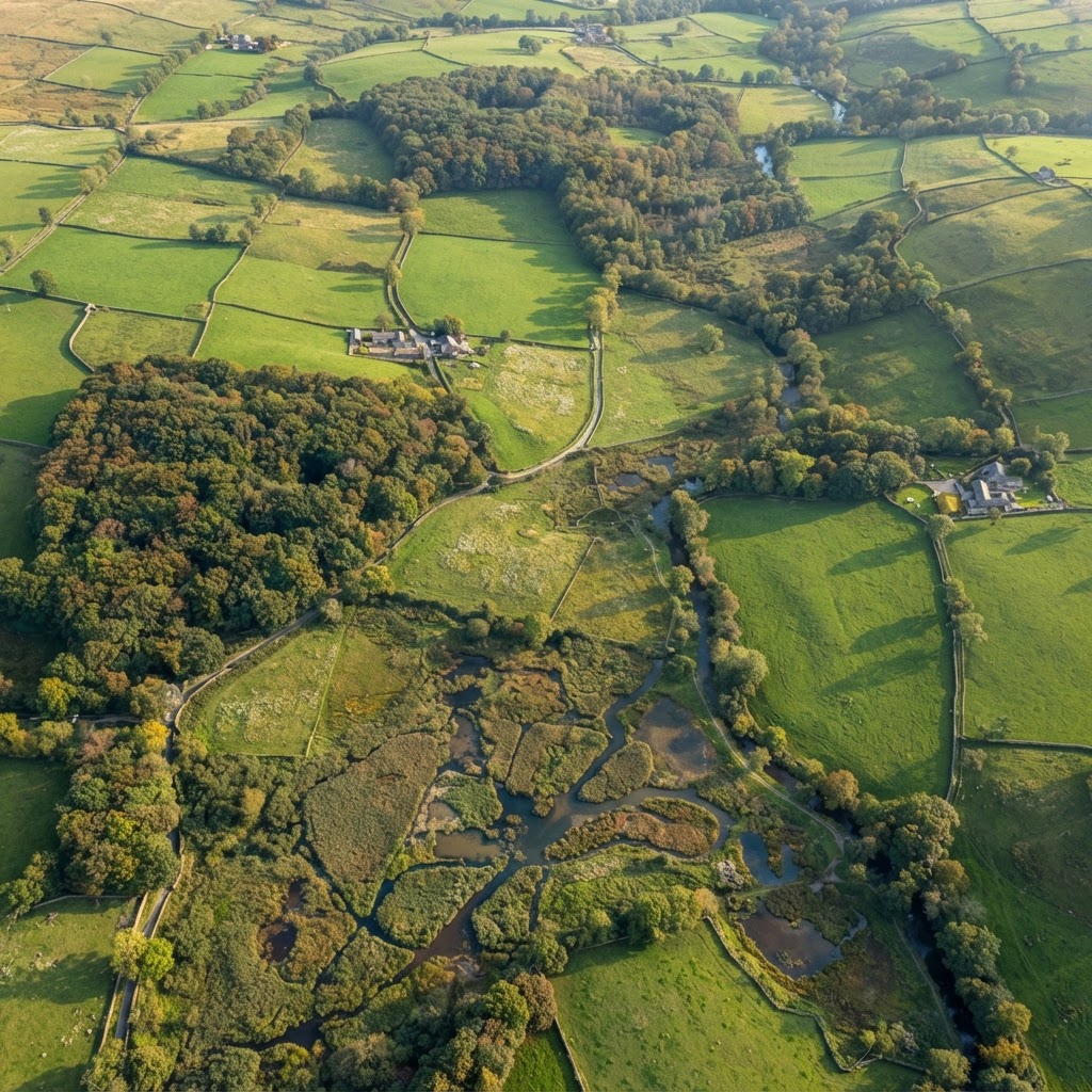 Patchwork English countryside showing distinct habitat patches from above
