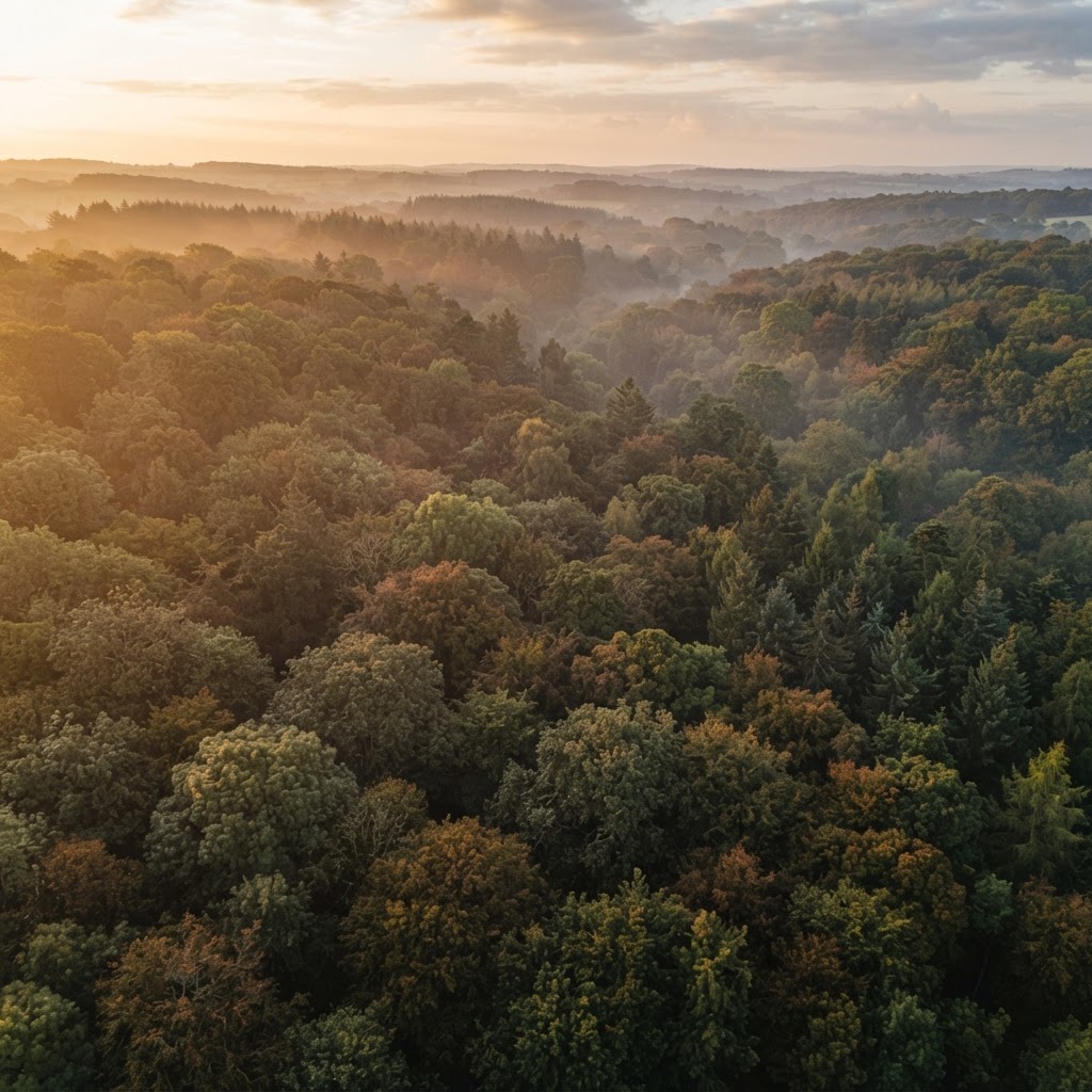 Aerial view of mixed English woodland at golden hour