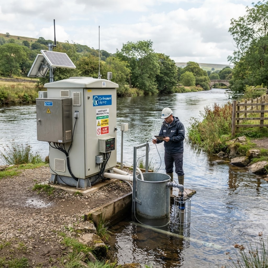 Environment Agency water quality monitoring station beside a UK river