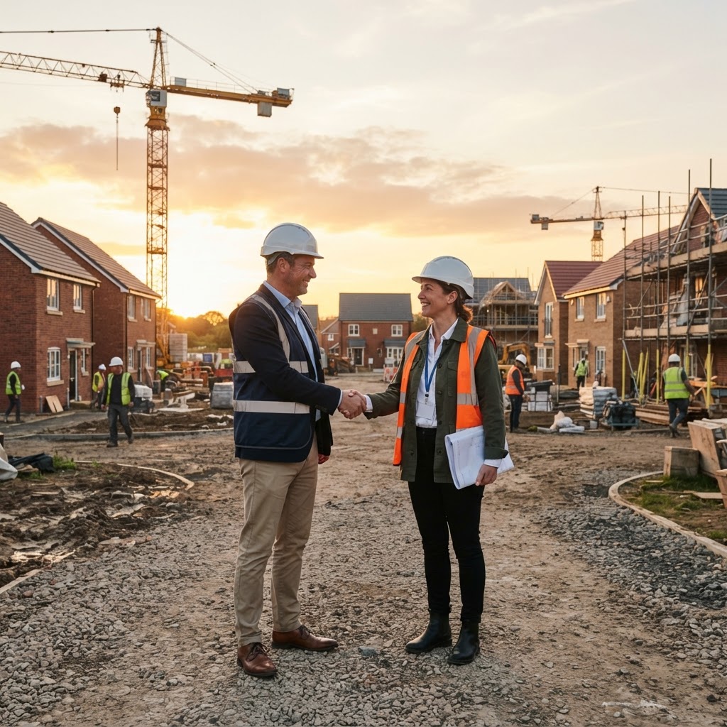 Property developer reviewing site plans on a tablet at a construction site