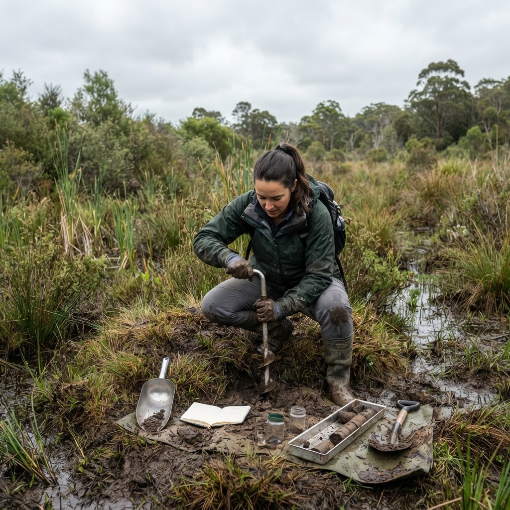 Environmental consultant inspecting a rural site with a tablet showing risk map overlays