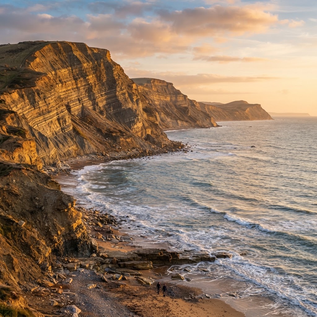 Layered sedimentary rock cliffs of the Jurassic Coast in England