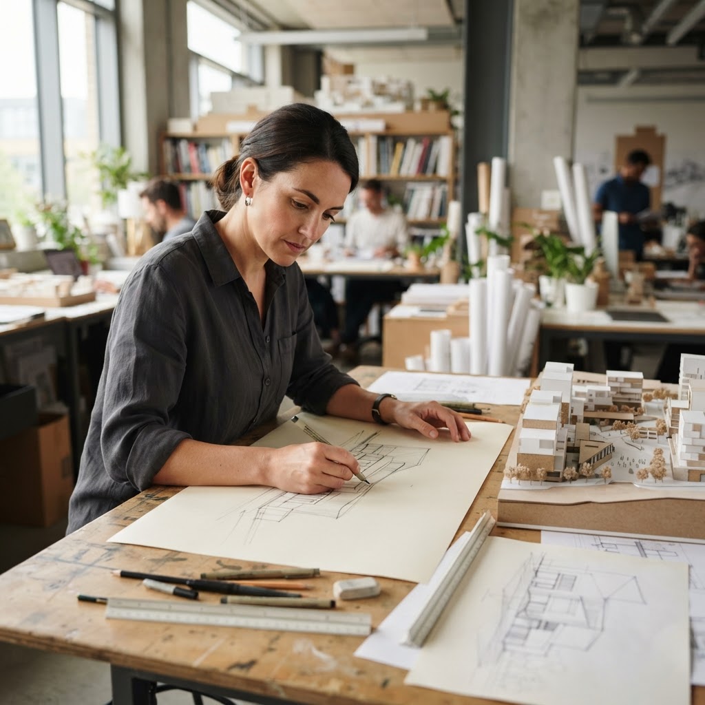 Architect sketching a building design with a site plan map nearby