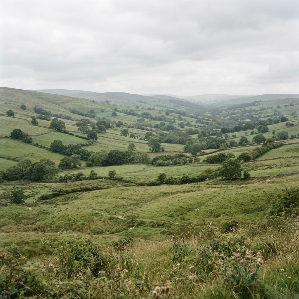 Rolling green English countryside hillside