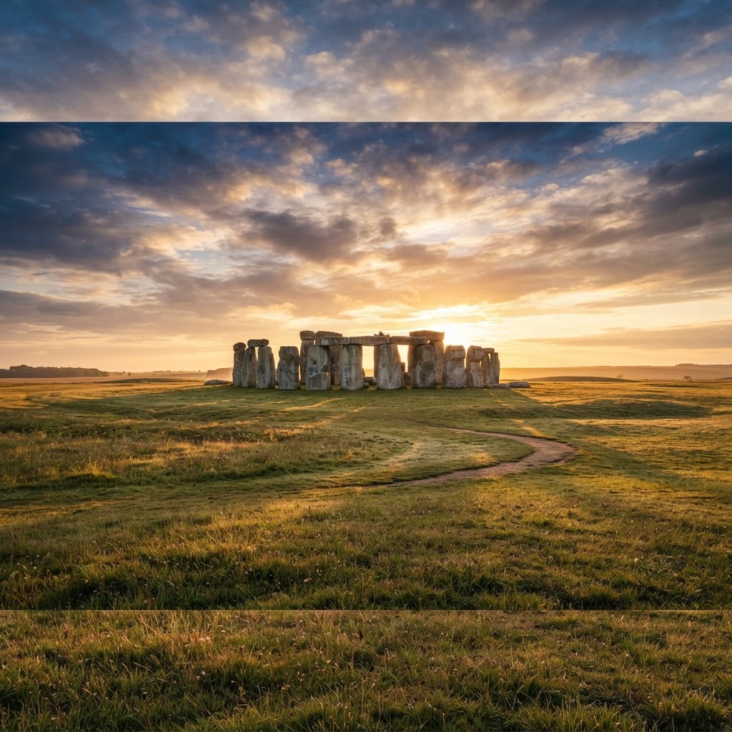Ancient stone circle monument on open English grassland