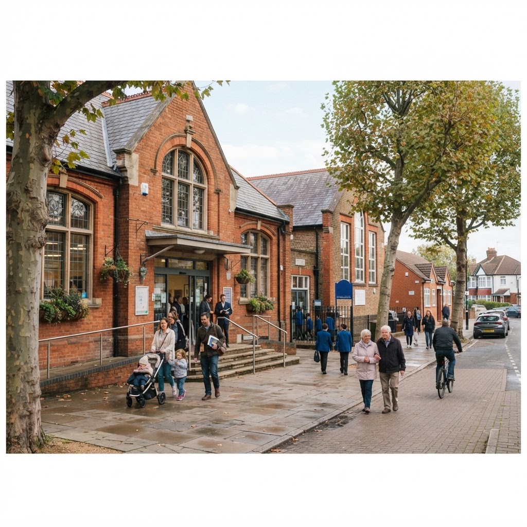 Welcoming UK public library building exterior in a community setting